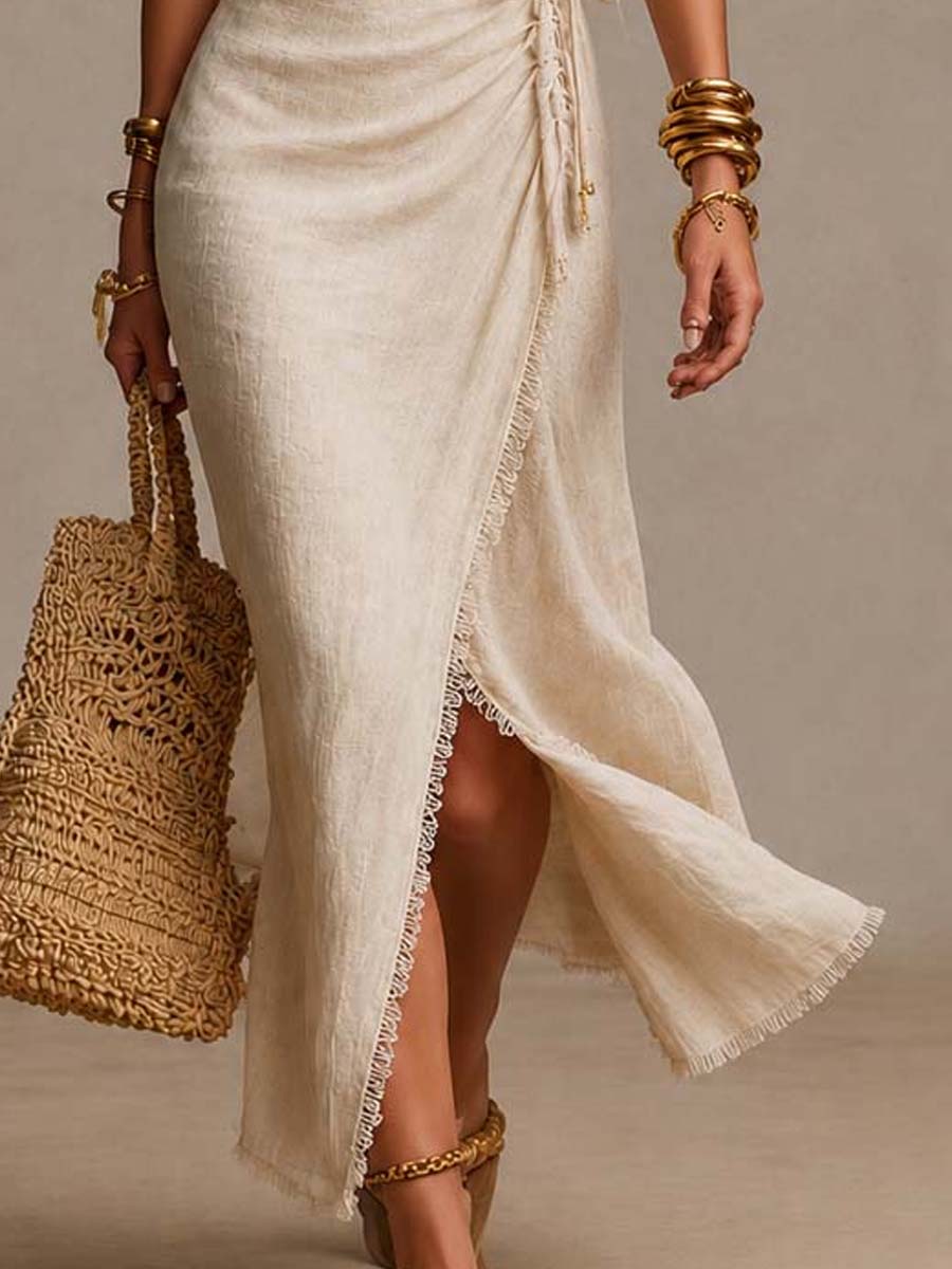 LAURA | Vestido midi de lino natural con escote cruzado y encaje