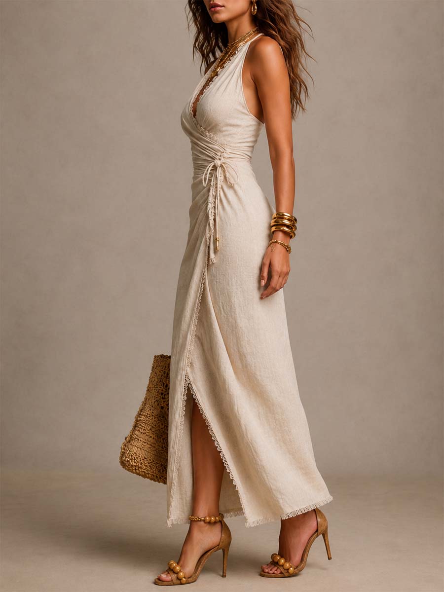 LAURA | Vestido midi de lino natural con escote cruzado y encaje
