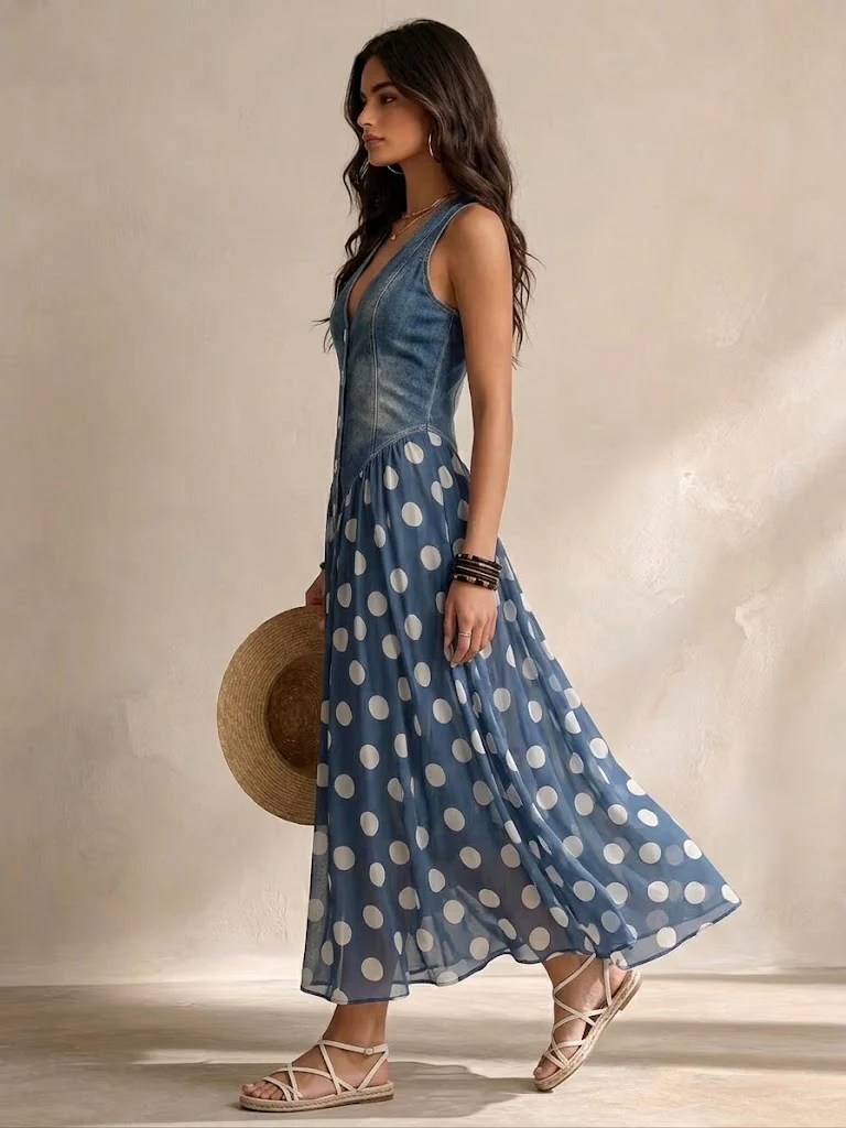 BEATRIZ | Vestido de jean chic con falda de chiffon a lunares