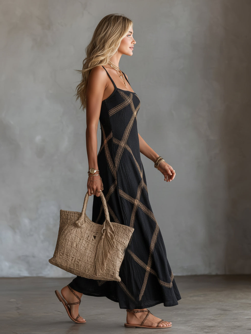 TANIA | Vestido Geométrico Negro Camel