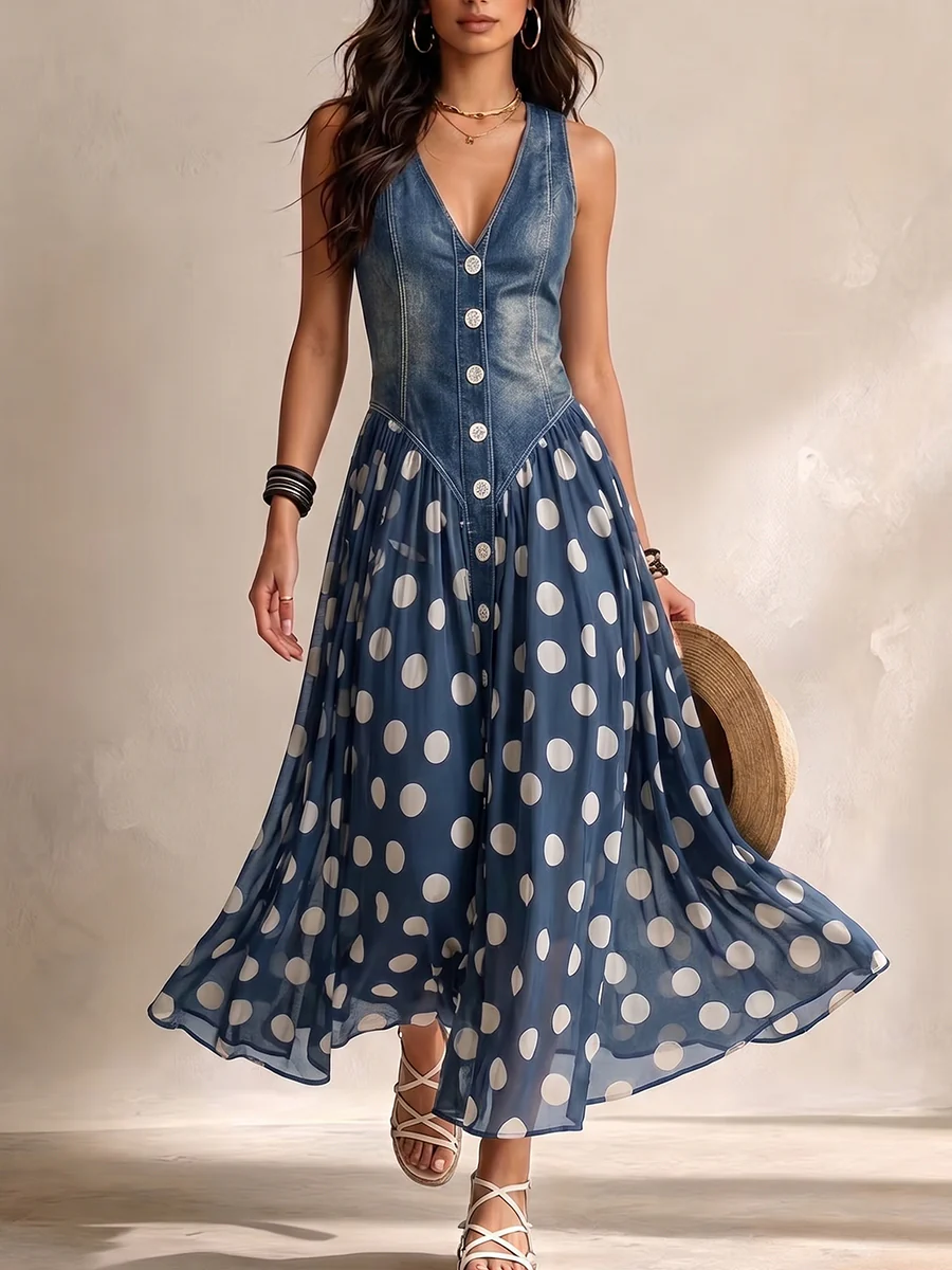 BEATRIZ | Vestido de jean chic con falda de chiffon a lunares