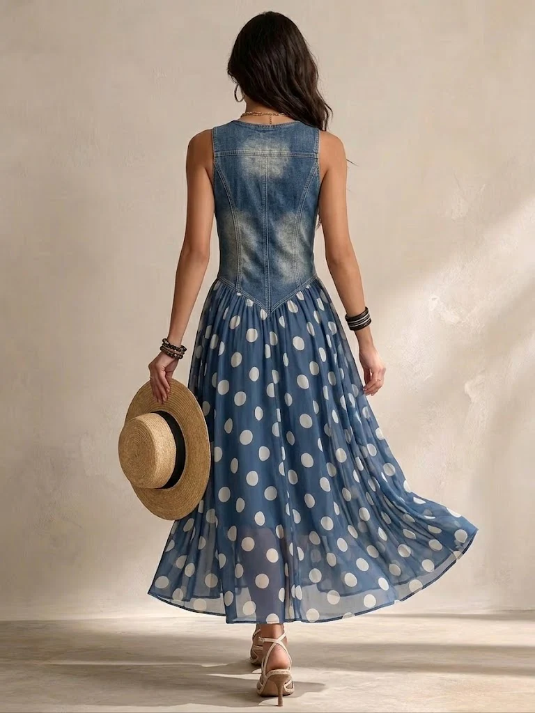 BEATRIZ | Vestido de jean chic con falda de chiffon a lunares