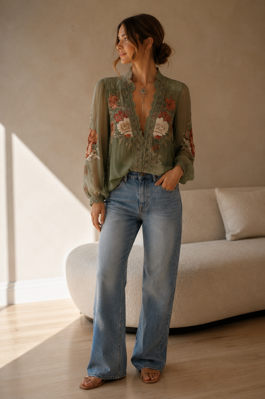 GRETA | Blusa Bordada Floral en Verde