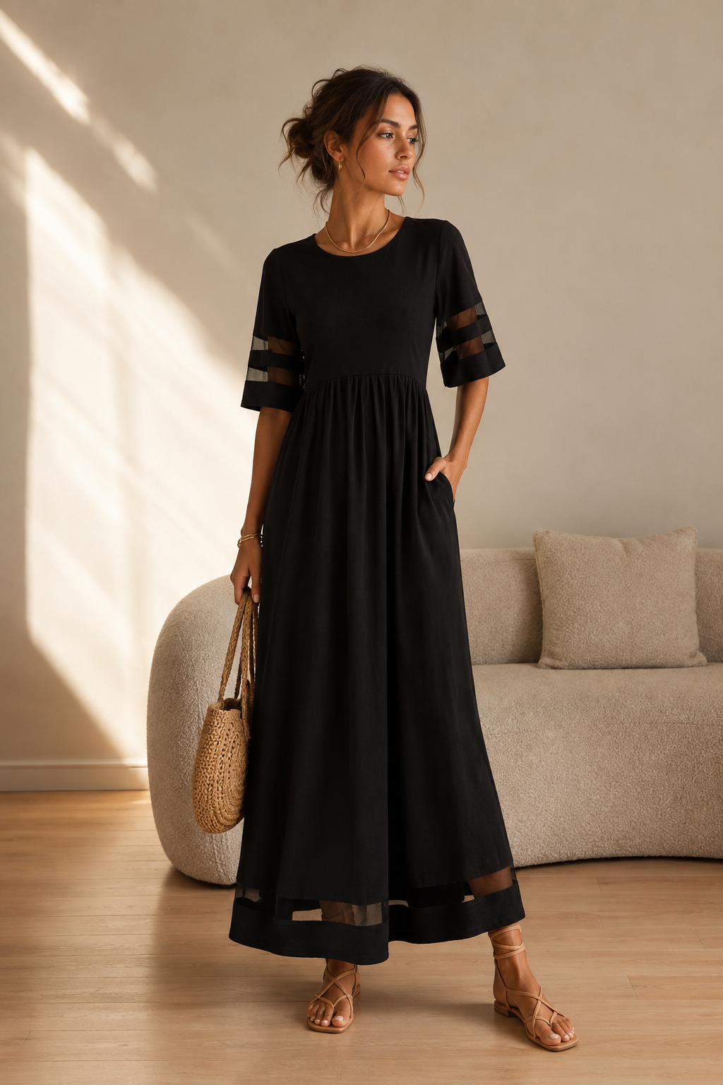 IDOIA | Vestido sin Mangas con Bolsillos y Bordado Floral
