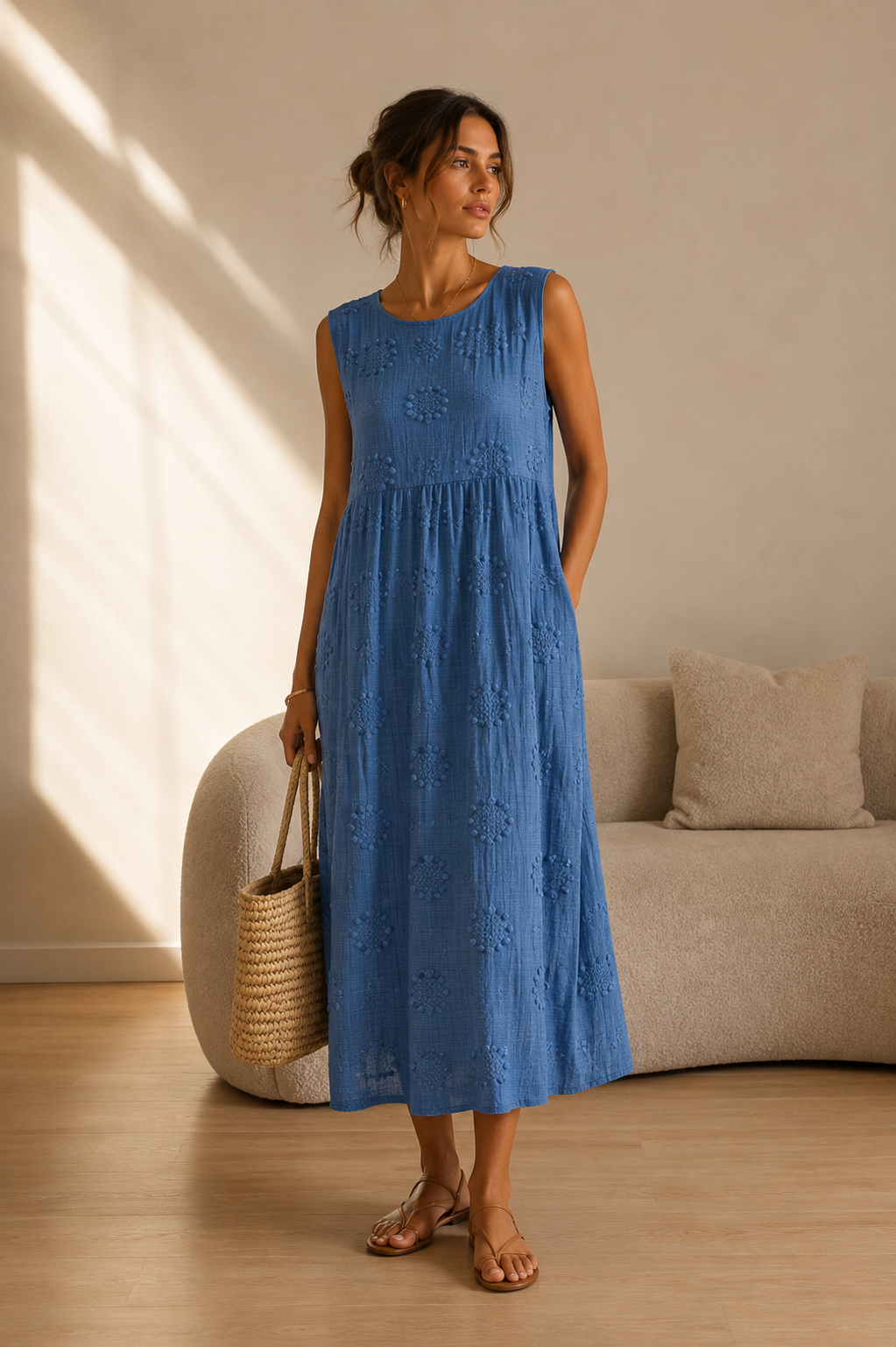 AINOA | Vestido sin Mangas con Bolsillos y Bordado Floral
