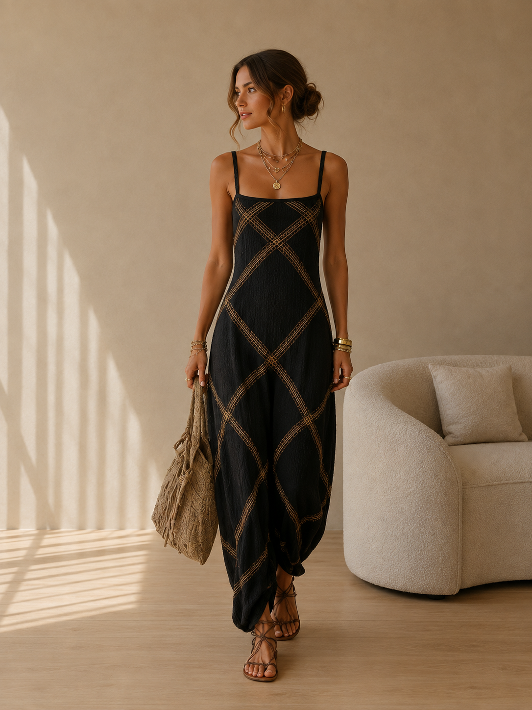 TANIA | Vestido Geométrico Negro Camel
