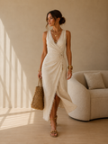 LAURA | Vestido midi de lino natural con escote cruzado y encaje