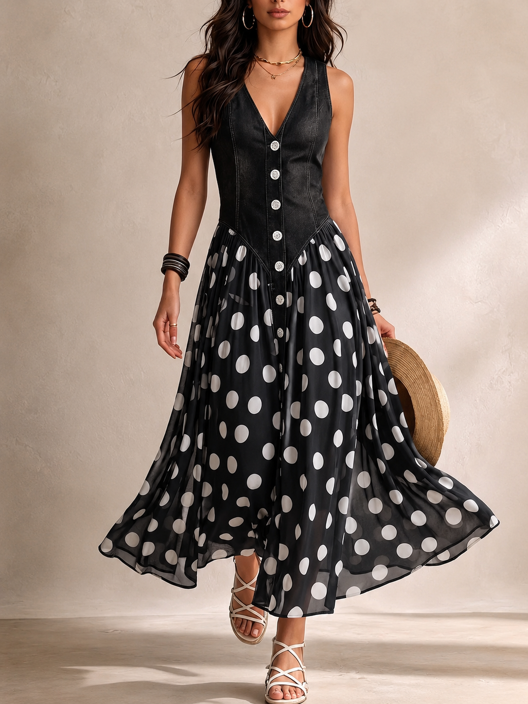 BEATRIZ | Vestido de jean chic con falda de chiffon a lunares