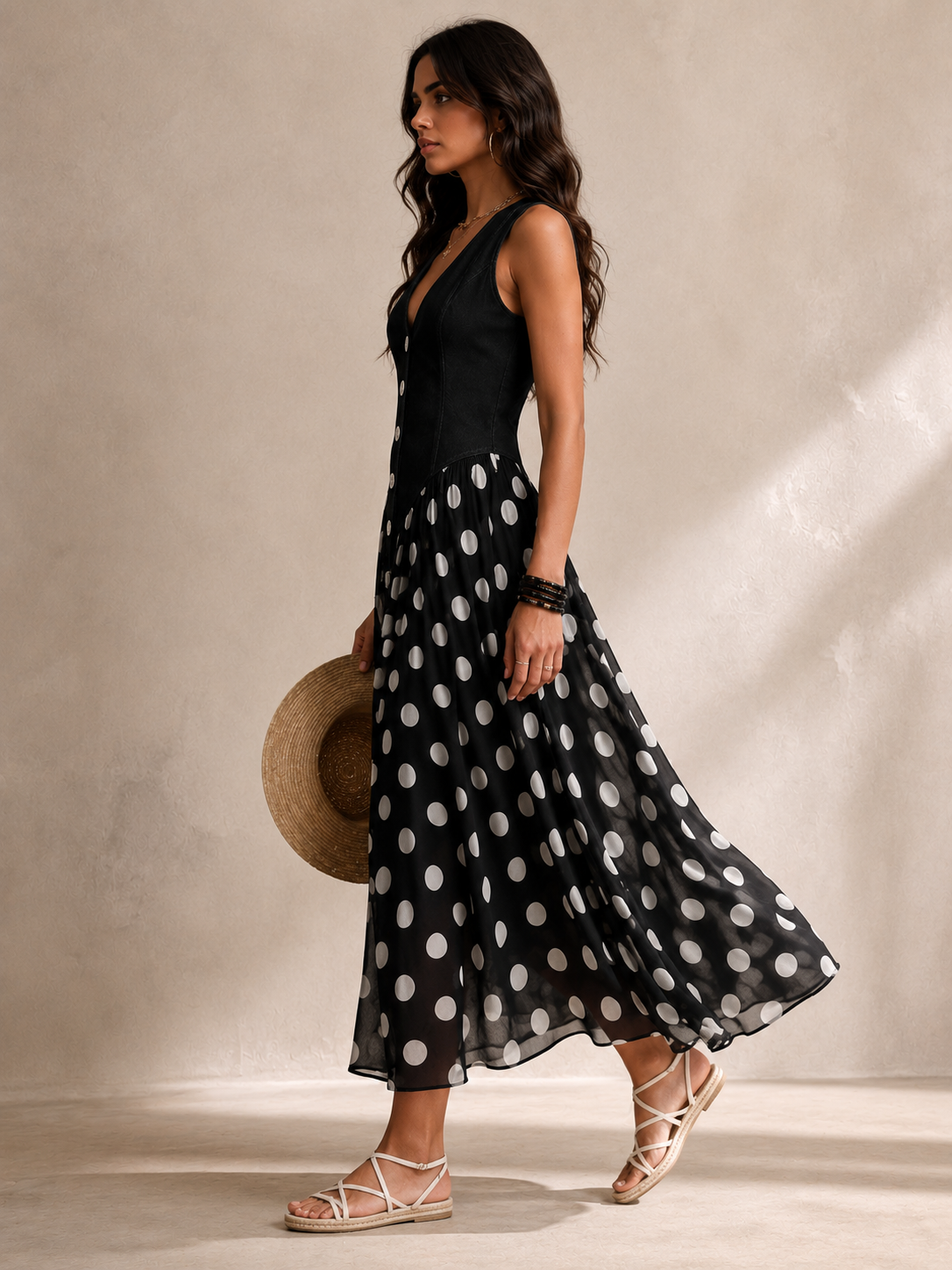 BEATRIZ | Vestido de jean chic con falda de chiffon a lunares
