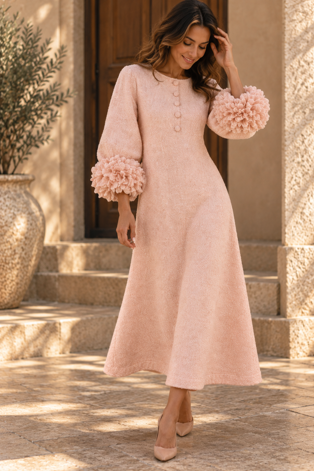 NEREA | Vestido Midi con Botones de Roseta y Puños Volumen