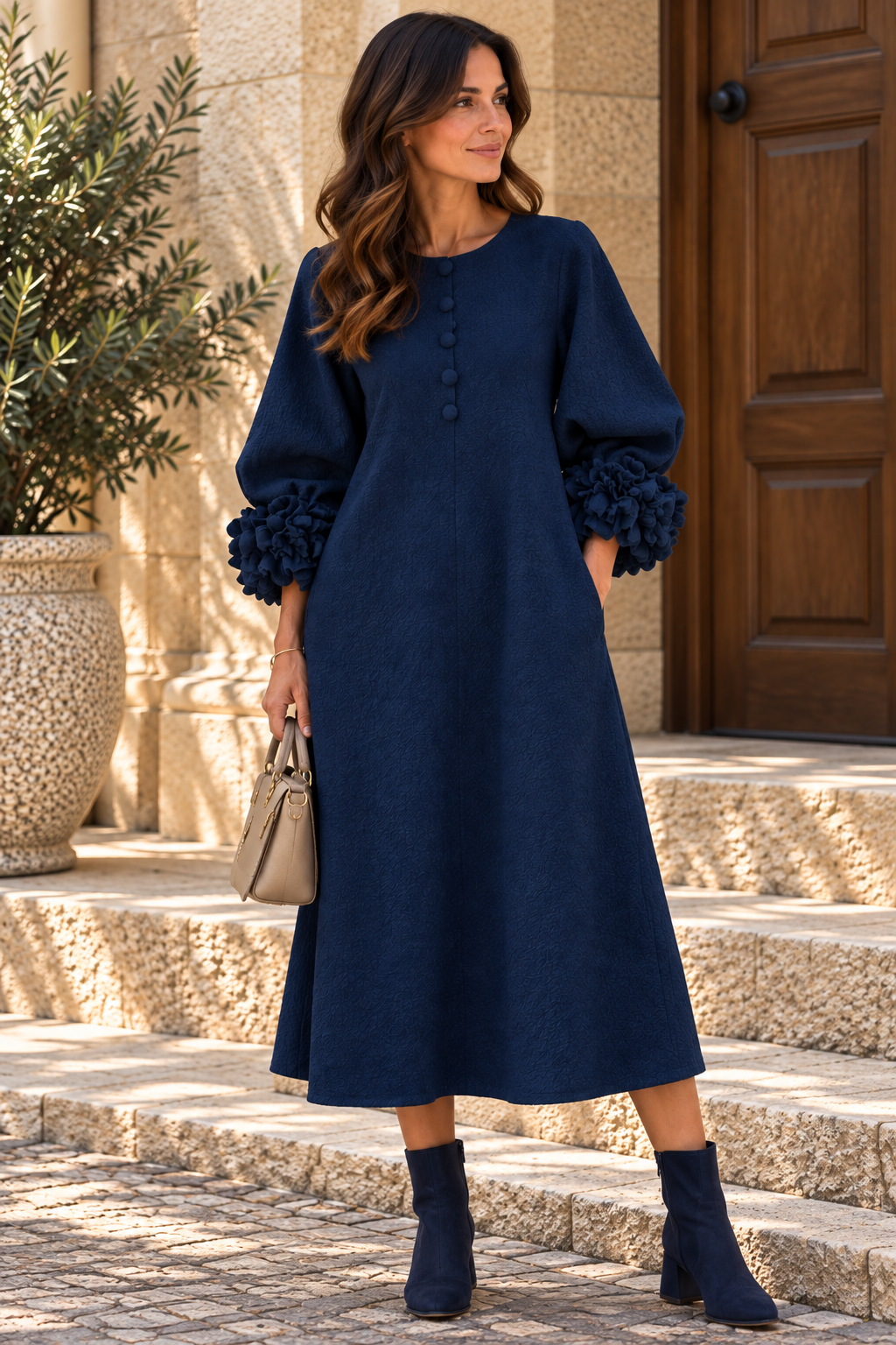 NEREA | Vestido Midi con Botones de Roseta y Puños Volumen