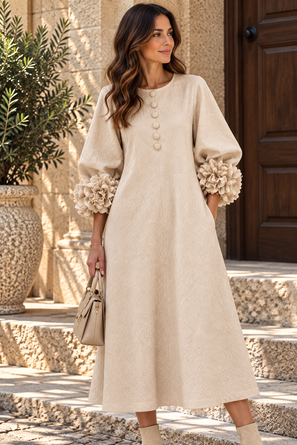 NEREA | Vestido Midi con Botones de Roseta y Puños Volumen