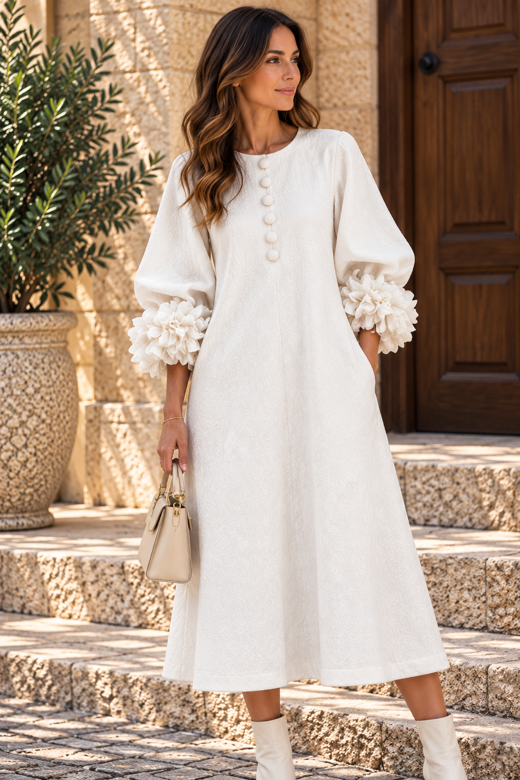 NEREA | Vestido Midi con Botones de Roseta y Puños Volumen