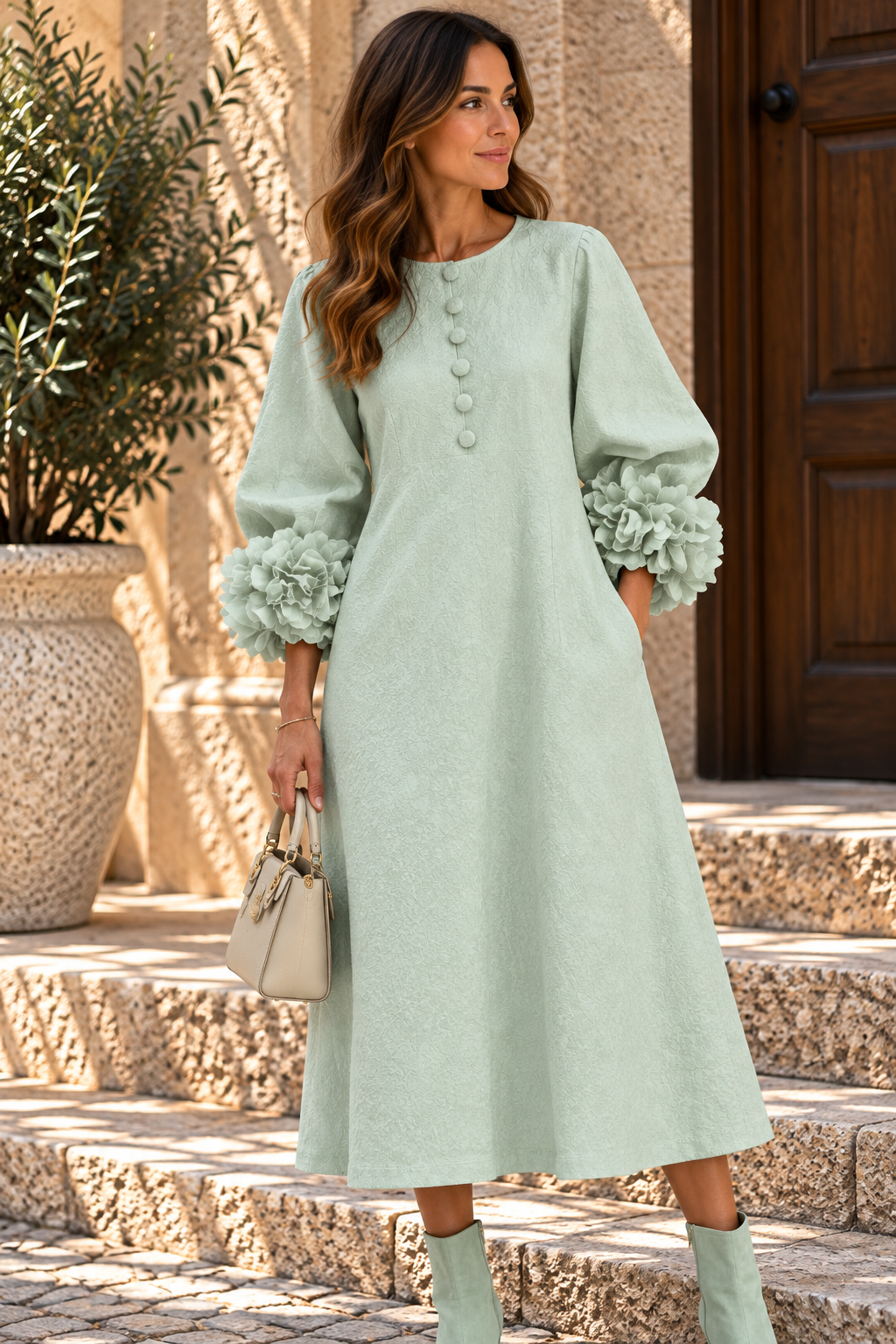 NEREA | Vestido Midi con Botones de Roseta y Puños Volumen