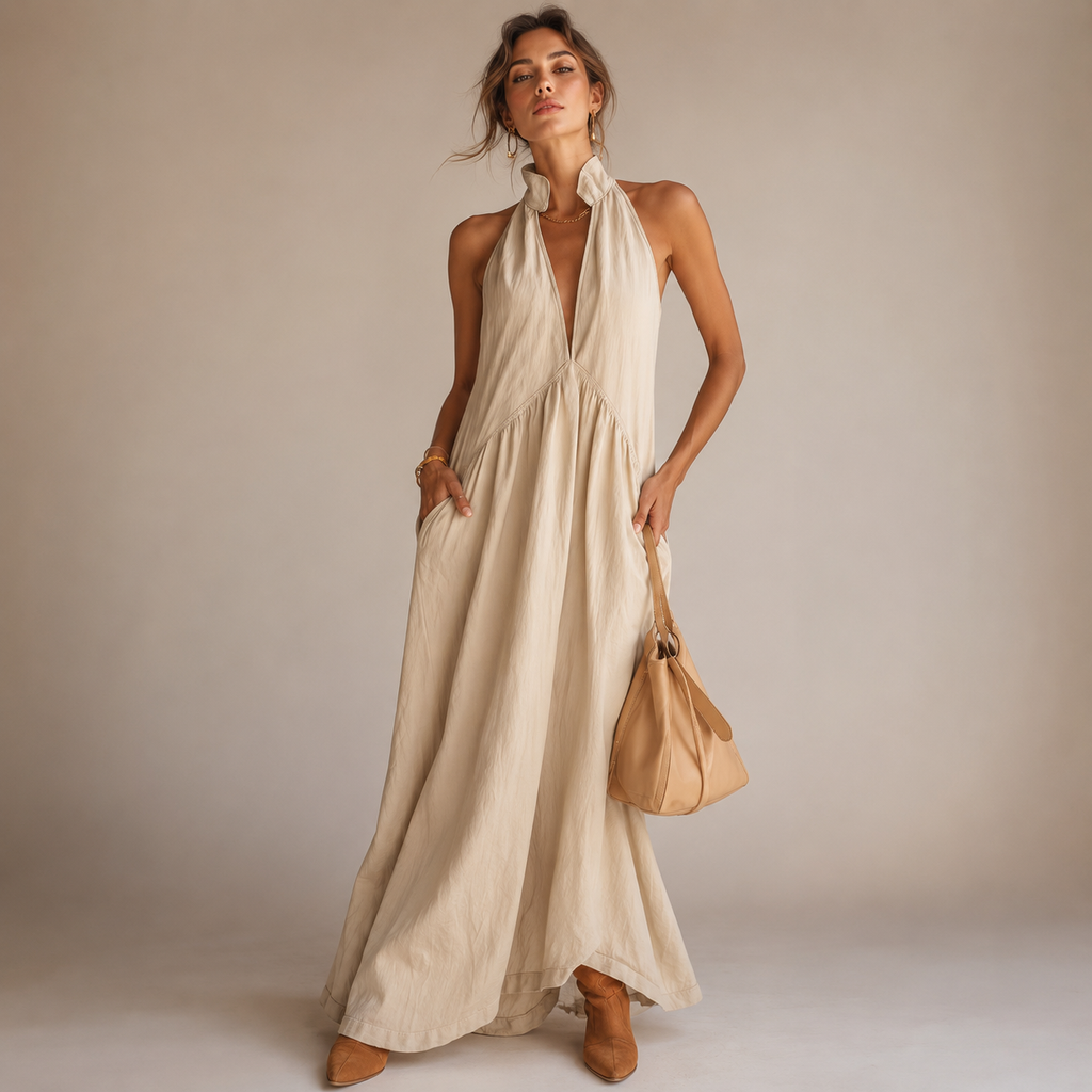 SOLARIS | Vestido Largo Amarillo Halter con Bolsillos