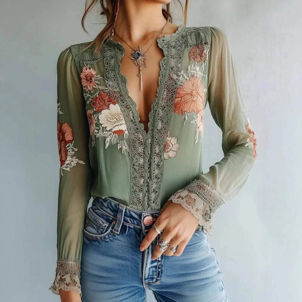 GRETA | Blusa Bordada Floral en Verde