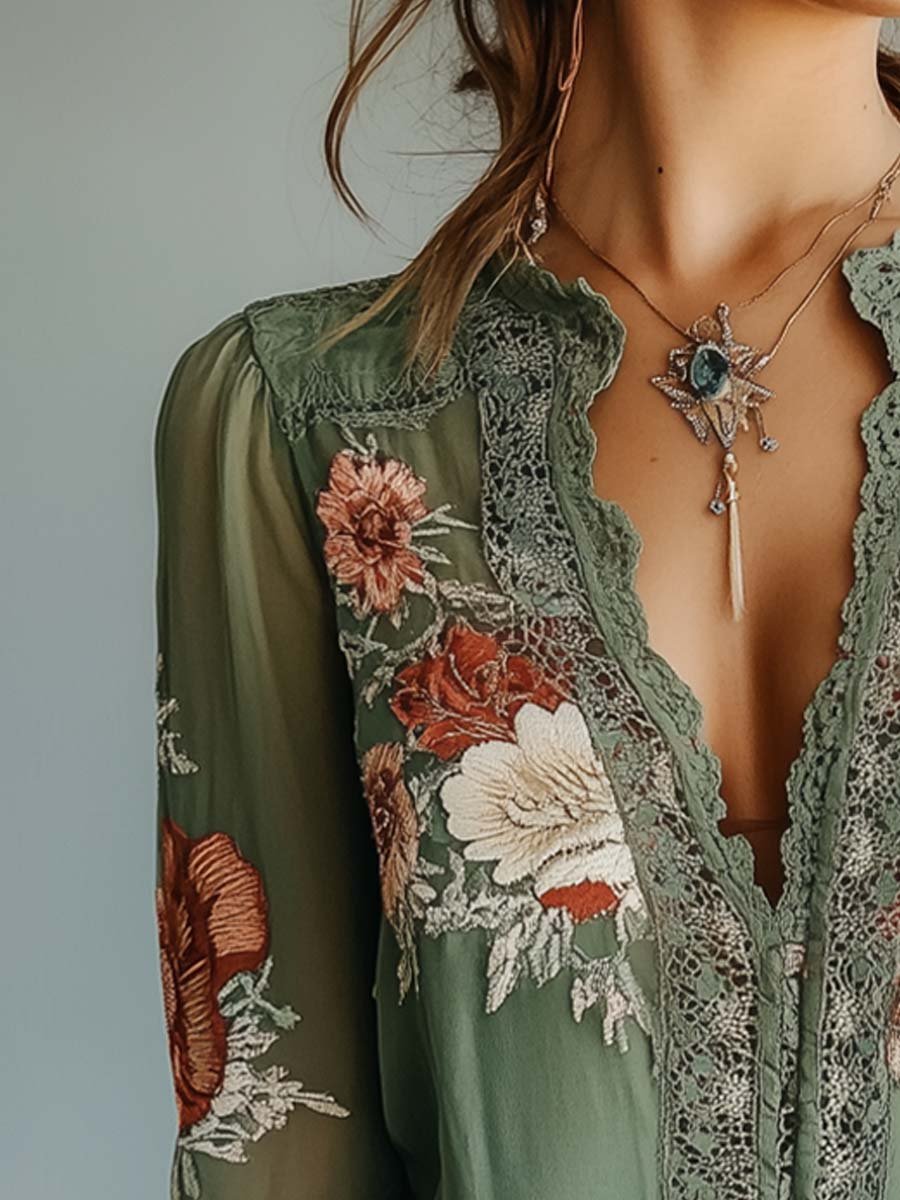 GRETA | Blusa Bordada Floral en Verde