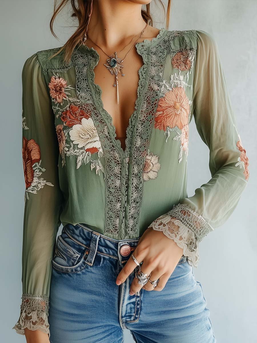 GRETA | Blusa Bordada Floral en Verde
