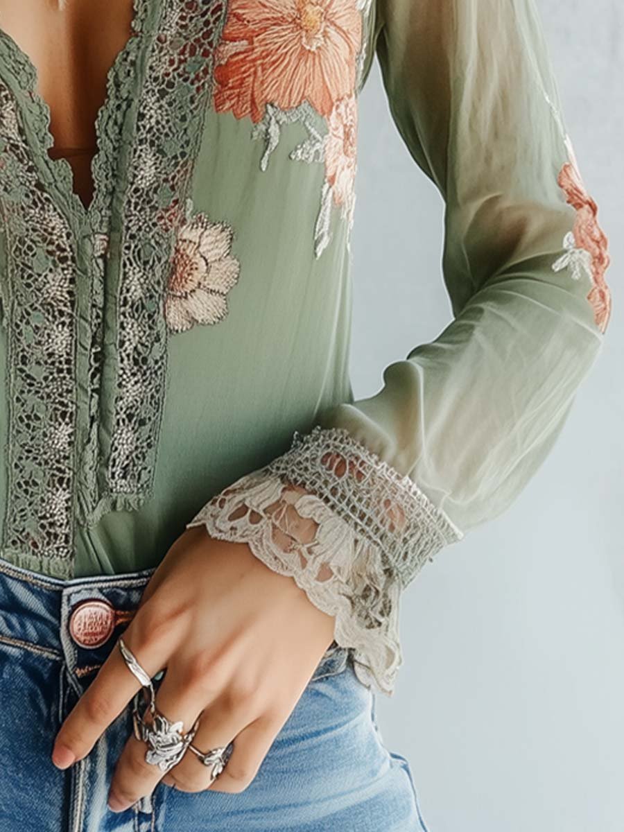 GRETA | Blusa Bordada Floral en Verde
