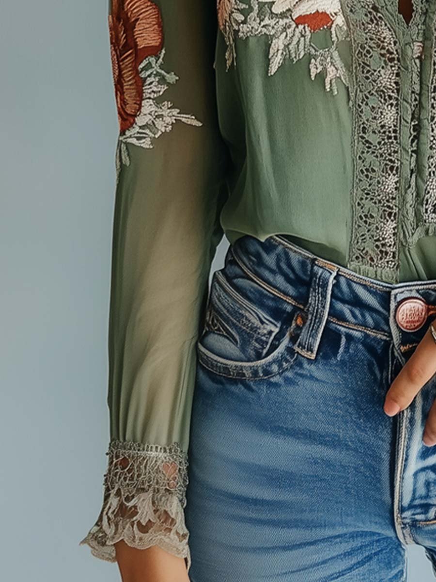 GRETA | Blusa Bordada Floral en Verde