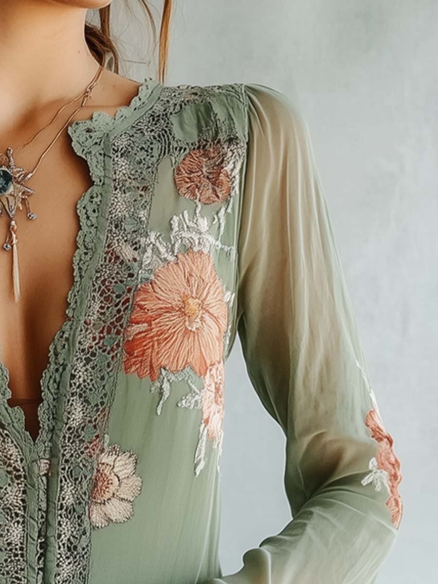 GRETA | Blusa Bordada Floral en Verde